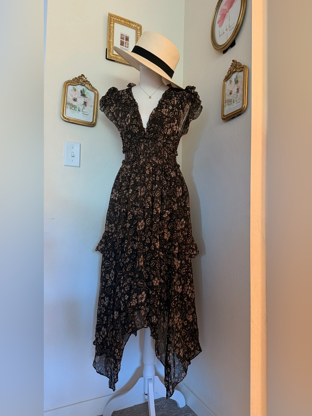 Ulla Johnson Black Floral Asymmetrical Midi Dress 100% Silk - Picture 5 of 12